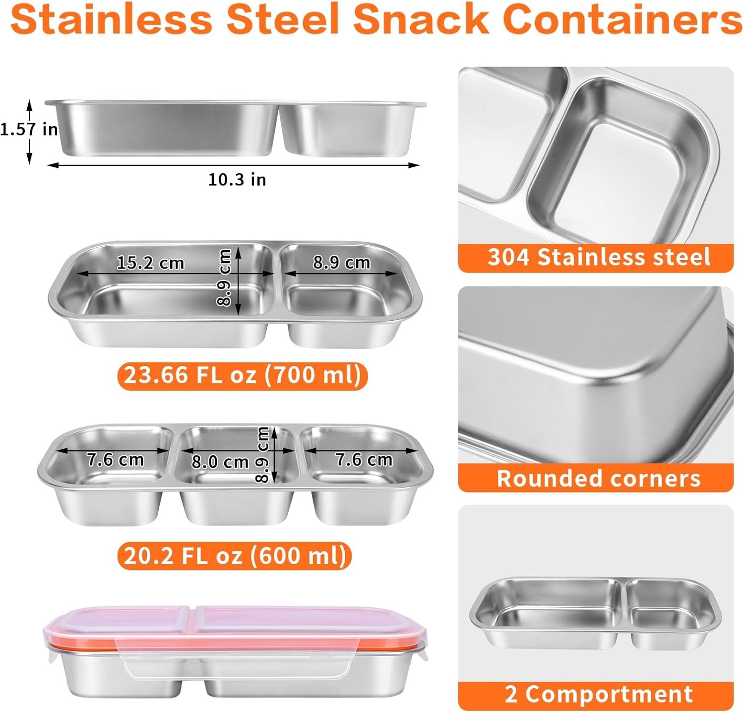 4 Pack Stainless Steel Snack Containers with Lids, 3-Compartments Reusable Lu…