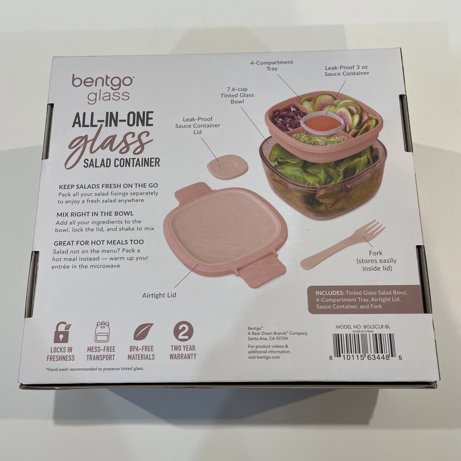 Bentgo All-in-One Tinted Glass Salad Container, Five-Piece Set – BLUSH