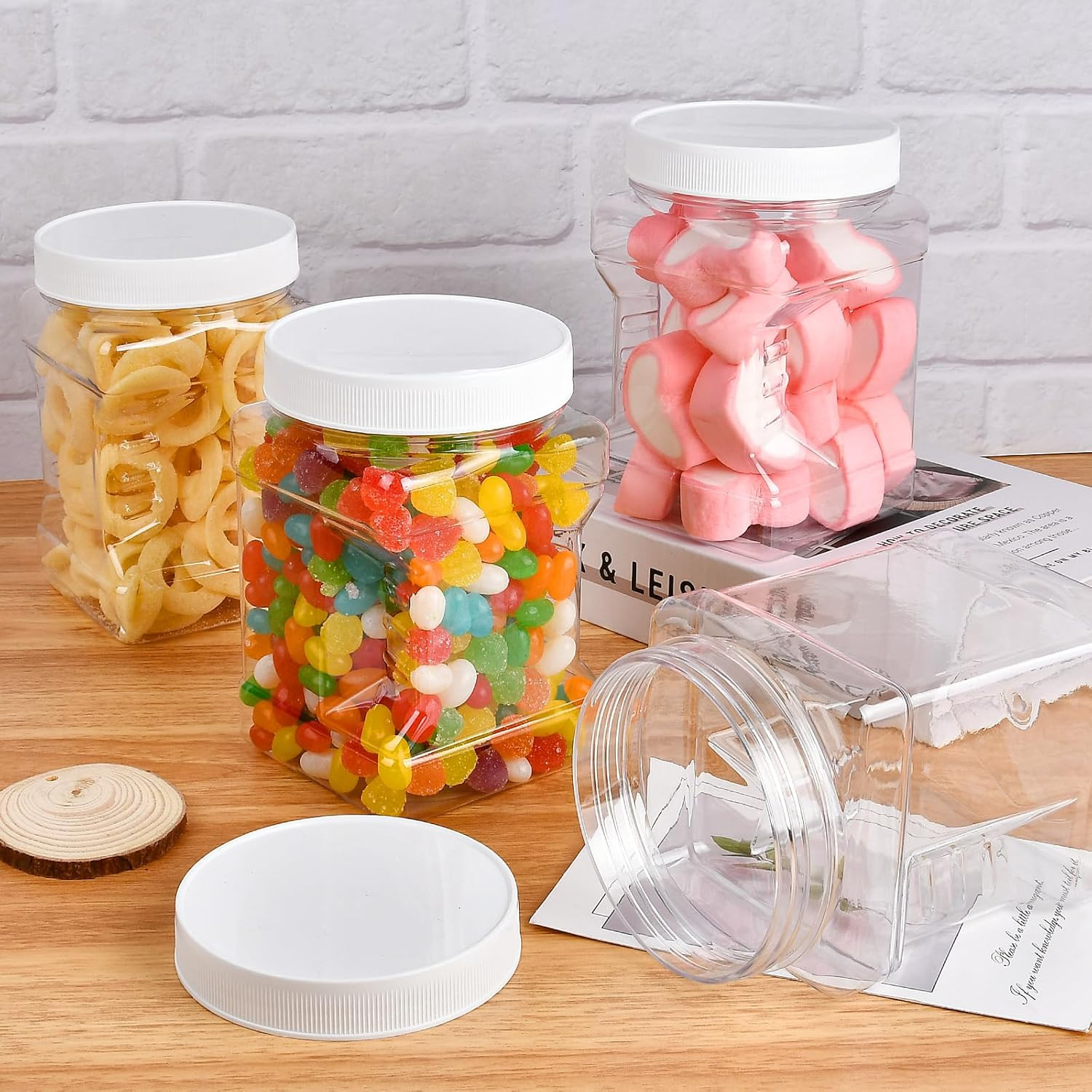 6 Pcs Plastic Storage Jars with Lids, 27 Oz Clear Square Plastic Containers with