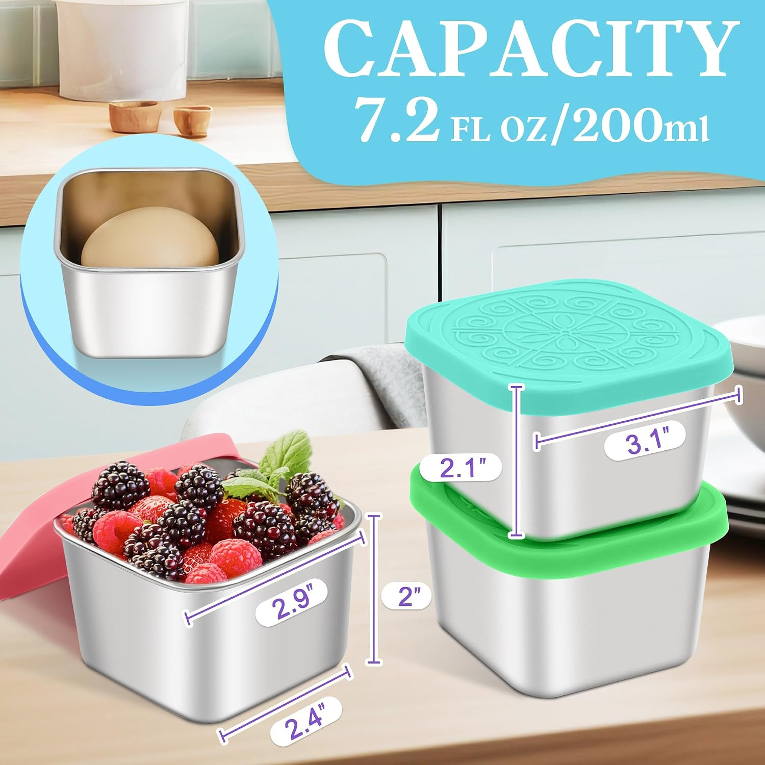 Qukaka Stainless Steel Snack Containers for Kids,7.2oz Easy Open Leak Proof Reus