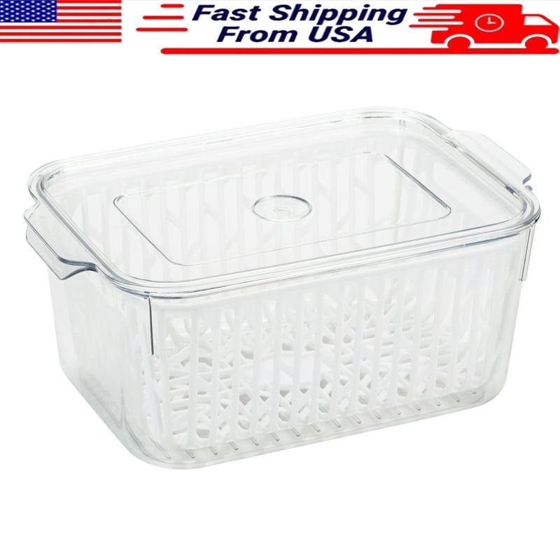 Salad Fruits Vegetables Storage Container W/ Strainer 9.25″ x 6.1″ x 3.94 New