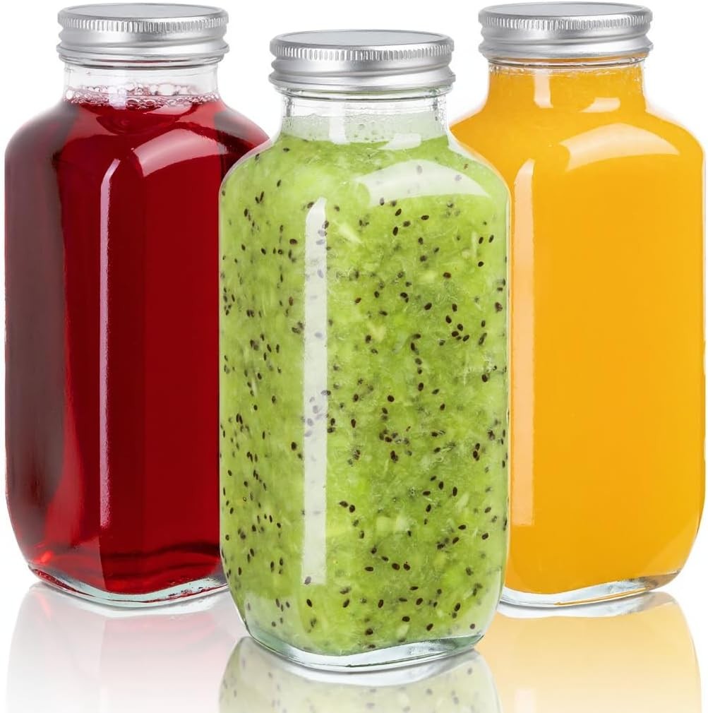 Juice Bottles with Lids, 16 Oz, Set of 3 | Clear Glass Jars with Caps, Reusable