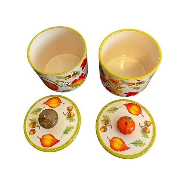 Temp-Tations Set of 2 Fall Harvest Ceramic Canisters Pumpkin and Acorn Lids