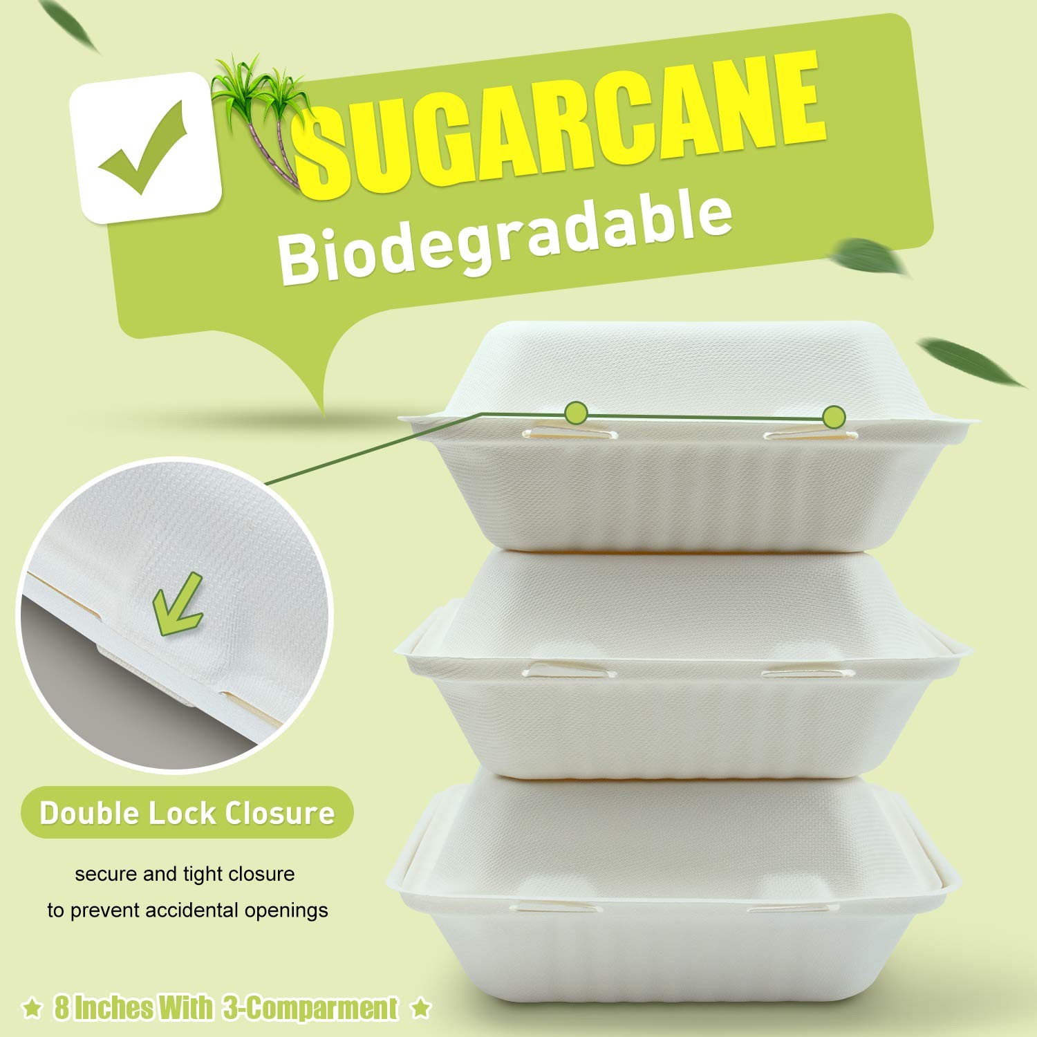 200 Count 8 Inch 3-Compartment Compostable Bagasse Clamshell To Go Food Boxes