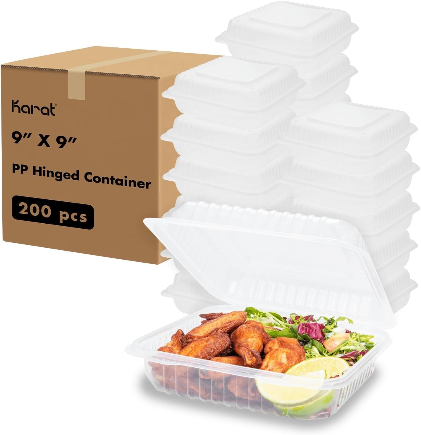 9×9 Inch PP Hinged Take Out Box 180 Case W/ Recyclable & Sturdy Clamshell