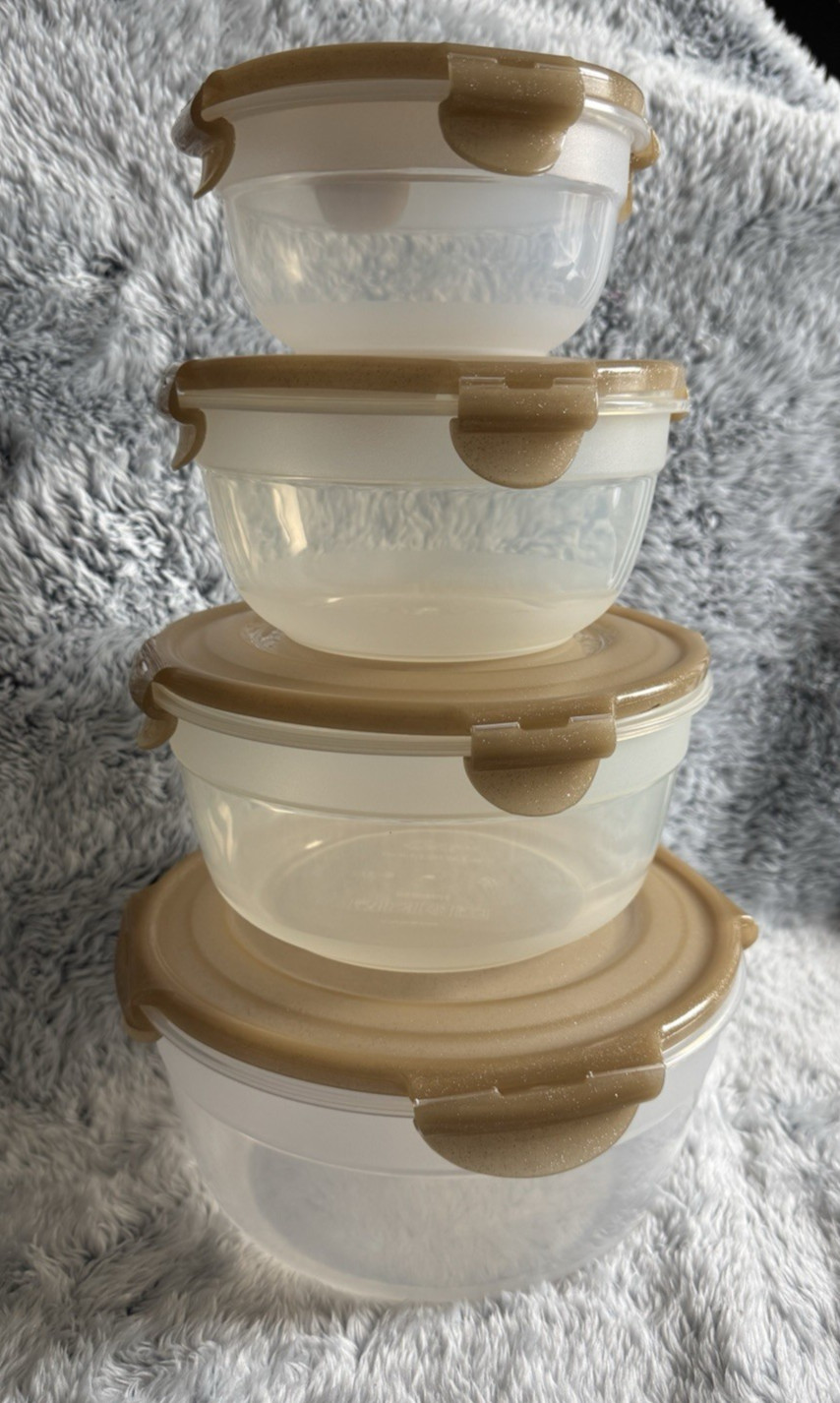 LocknLock 4Piece Nestable Round Bowl Storage Set CHAMPAGNE Gold Sparkle – NEW