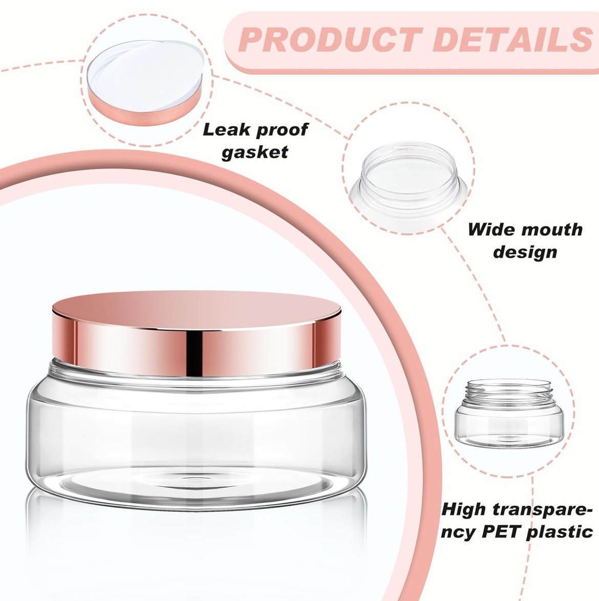 Tessco 24 Pack Plastic Jars with Lids Labels 5 oz, Clear, Rose Gold