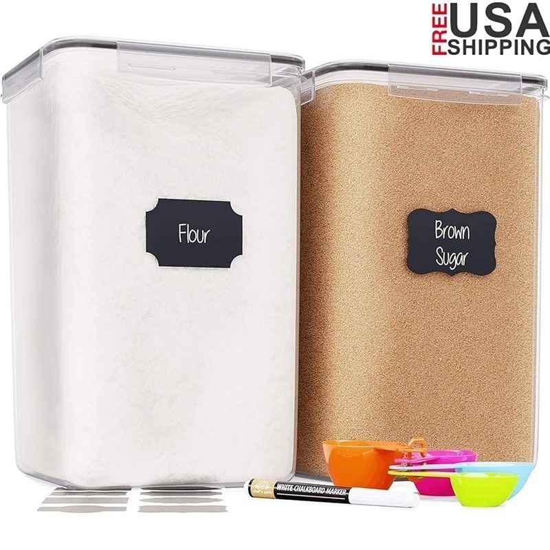 Airtight Food Storage Containers Set W/ Lids Measuring Cups Labels 2 Pack New