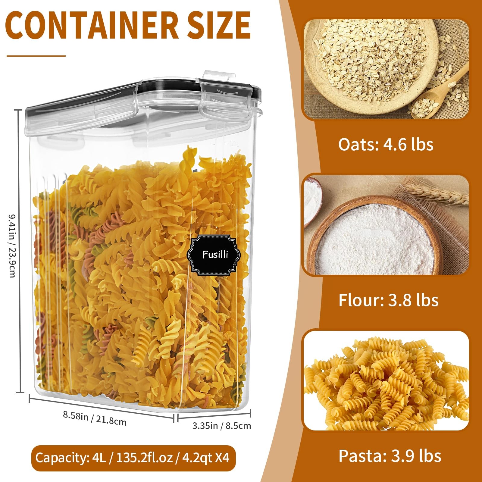 Cereal Containers Storage Set (4L / 135.2oz), 4PCS Airtight Food Storage Cont…