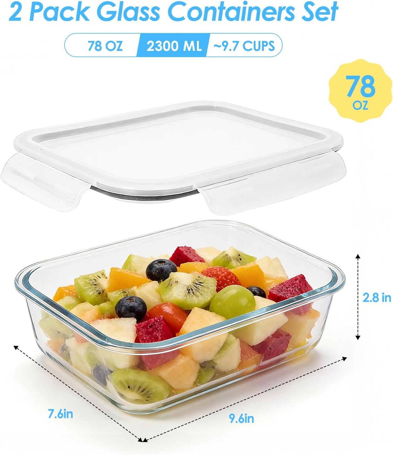2 Pack 78 Oz / 9.8 Cups Large Glass Food Storage Containers with Lids, Borosilic