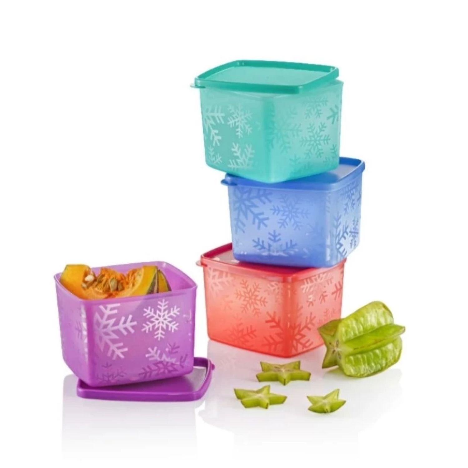 Tupperware Snowflake Freezer Medium Square Round Plastic Container 800ml (4) Set