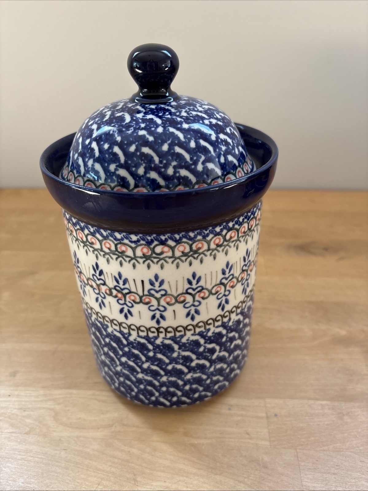 Polish Pottery Kitchen Storage 9” Canister w/ Lid BLUE CRESS Boleslawiec Vintage