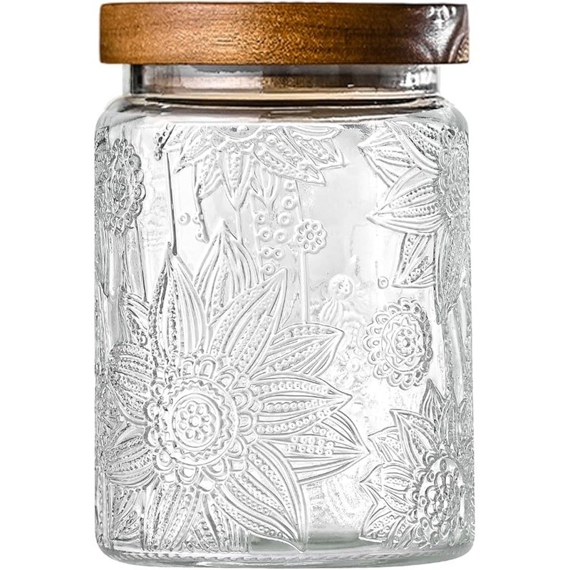 Stackable Glass Storage Jar W/ Sunflower Design BPA Free Airtight Food Container
