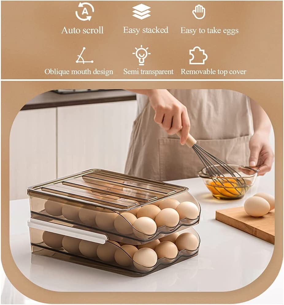 Auto Rolling Egg Holder Storage Box for Refrigerator Egg Tray Fridge Organizer