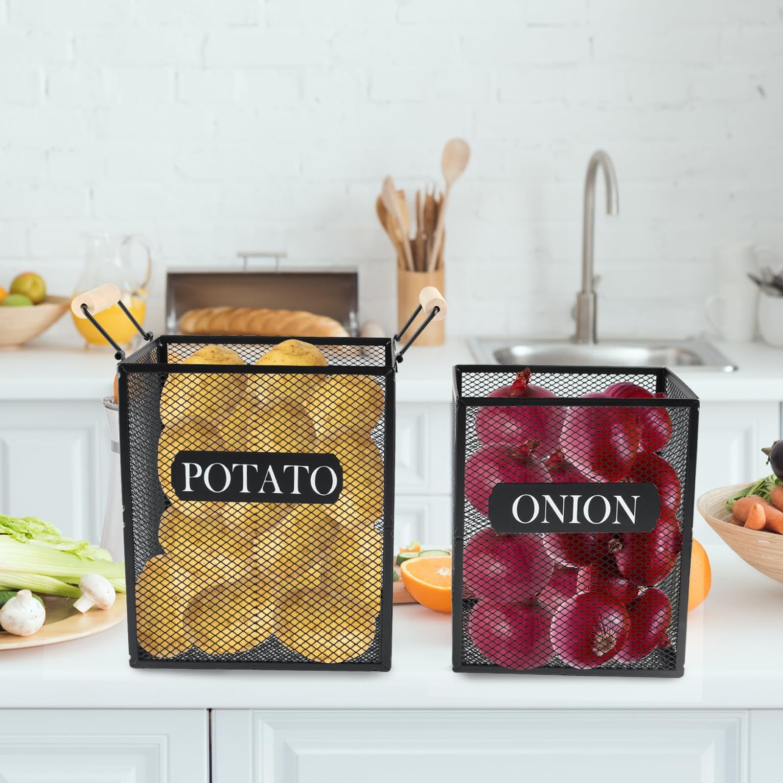 2 Set Potato Onion Storage Bin Metal Mesh Baskets Wooden Handle Pantry