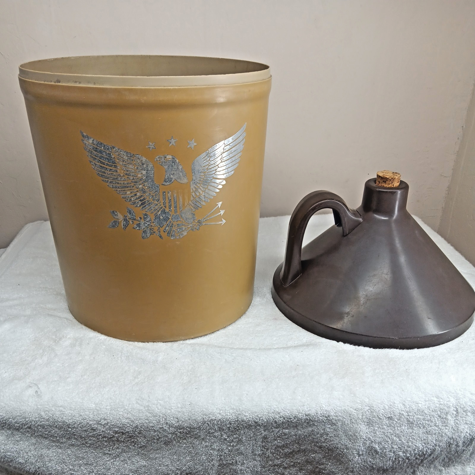 very large plastic “little brown jug”storage container American emblem on front