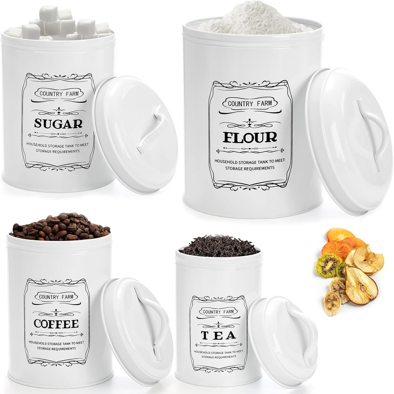Set of 4 Kitchen Canisters with Airtight Lids, Coffee Tea Sugar Flour Tin Jars