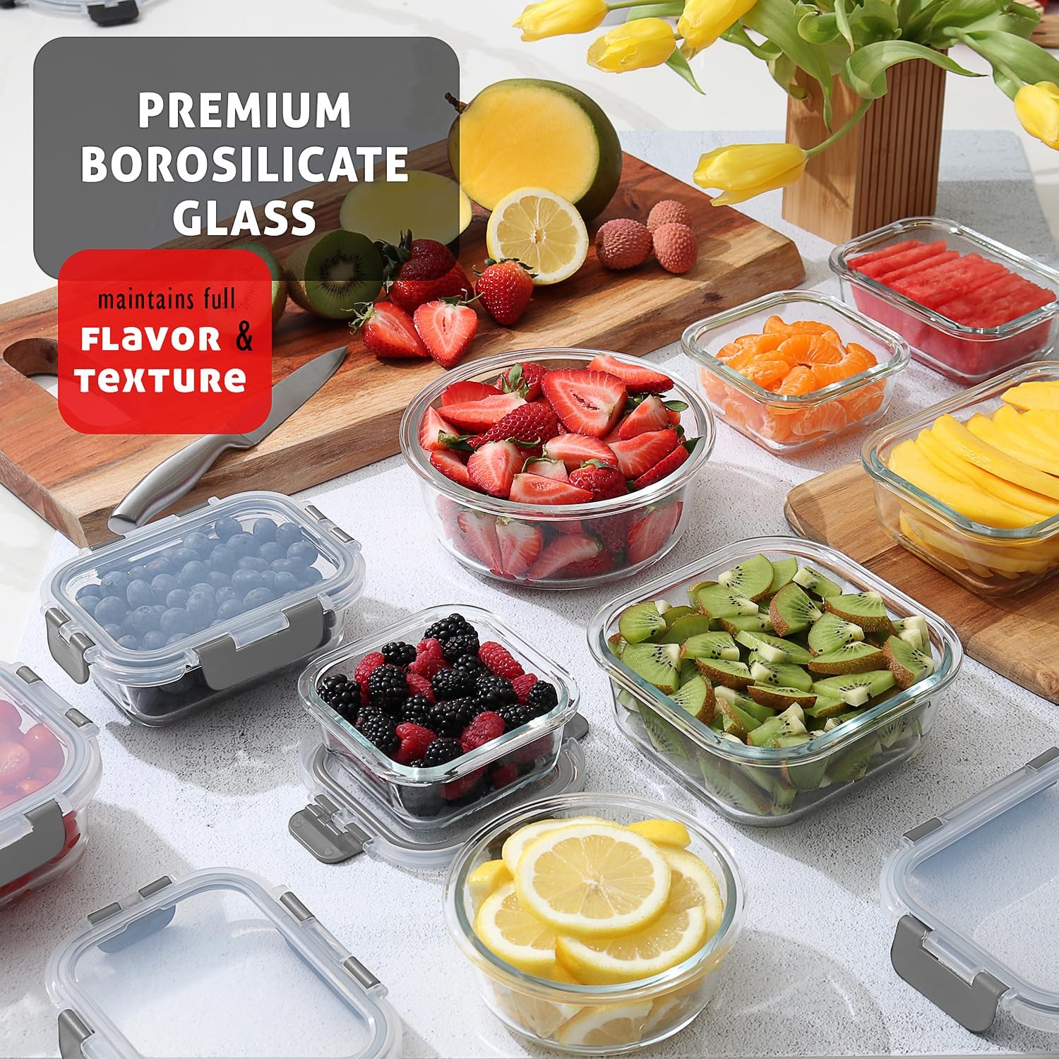 16pc Glass Storage Containers with Lids, 8 Glass Food Storage Containers with…