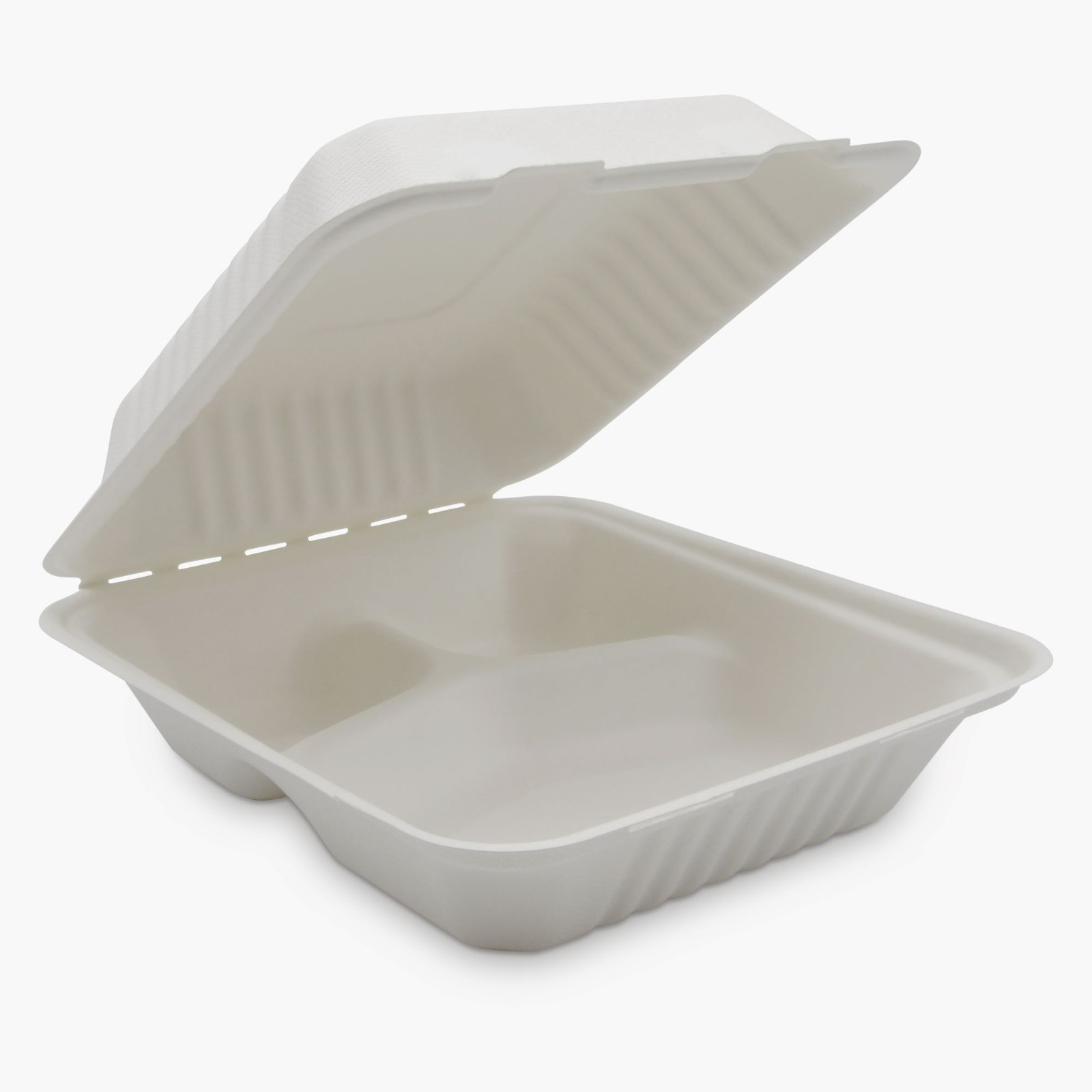 200ea – 3 Compartment Clamshell Food Container 8 X 8 Inch White Compostable