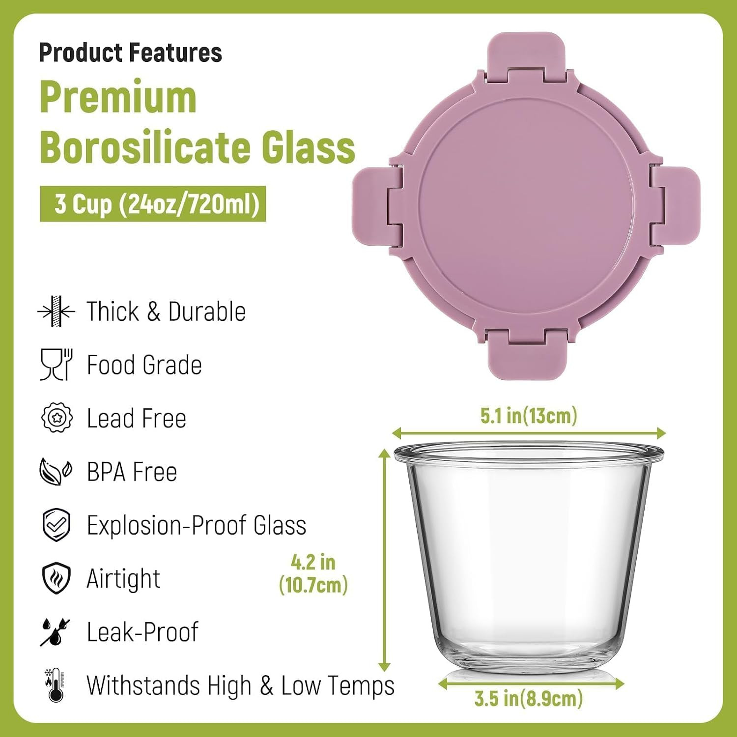 [UPGRADED LID] 6 Sets 3 Cup/24oz Borosilicate Glass Meal Prep Containers with Li