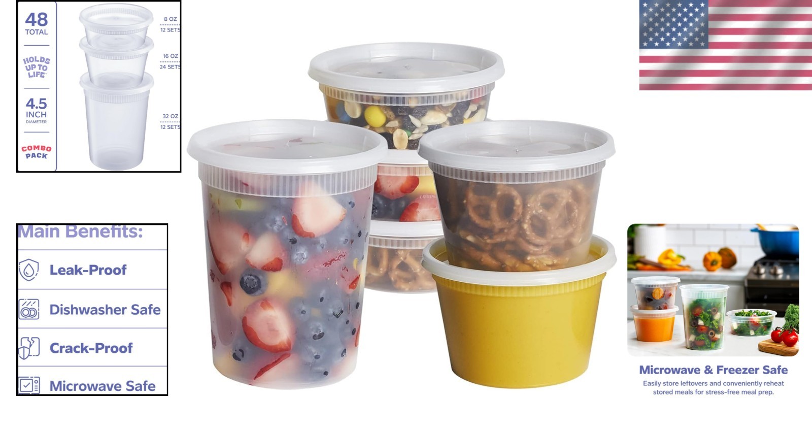 Food Containers with Lids Set 48 Pack 8 16 32 oz Meal Prep Storage Bpa Free