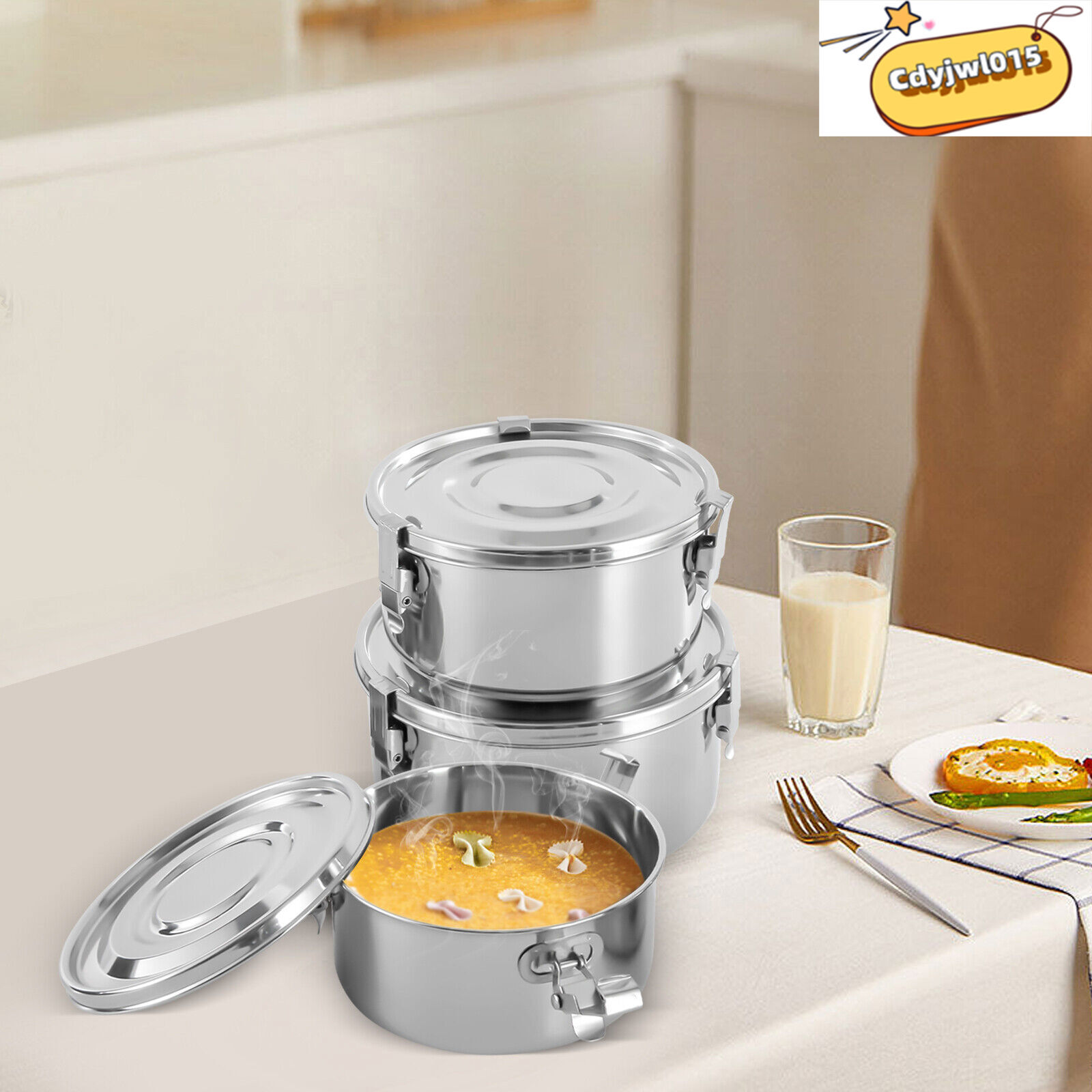 3-Piece 304 Stainless Steel Food Storage Containers Set 650/1000/1600ml