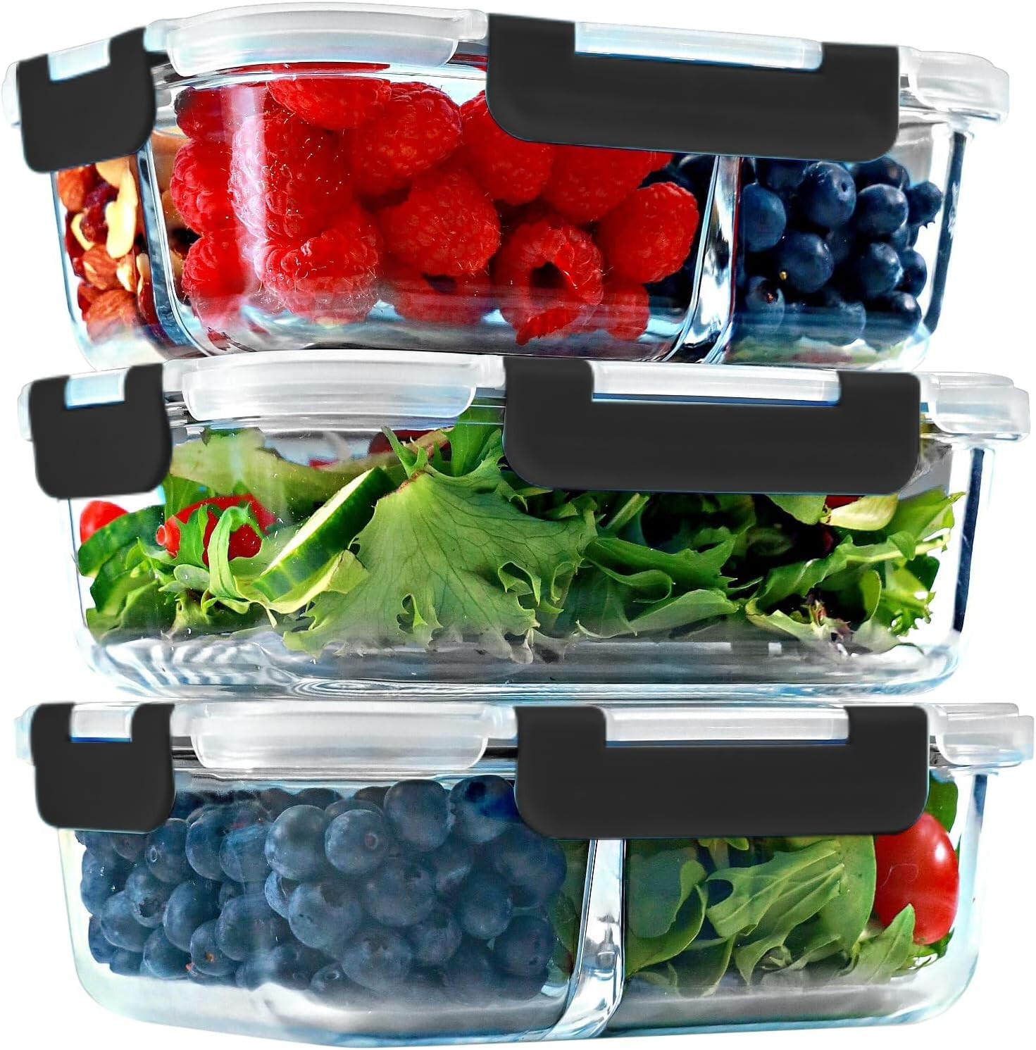 2 & 3 Compartment Glass Meal Prep Containers 4 Pack 32 oz Glass Food Storage