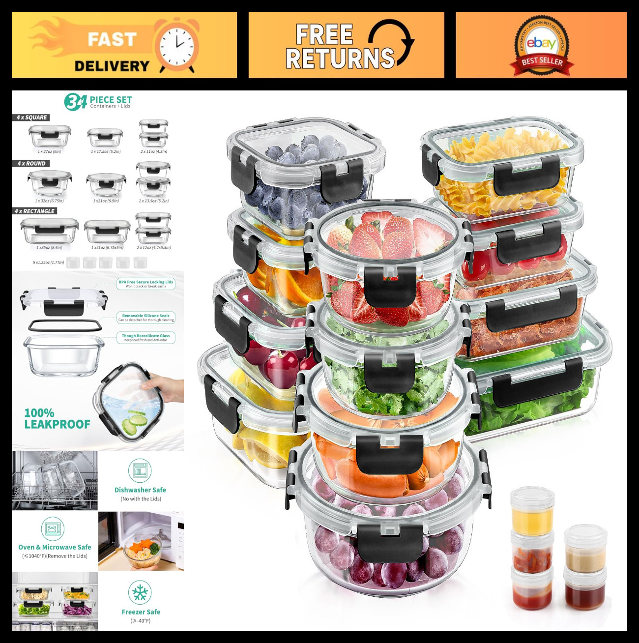 34pcs Airtight Glass Meal Prep Containers Set, Leak Proof BPA-Free Storage, Micr