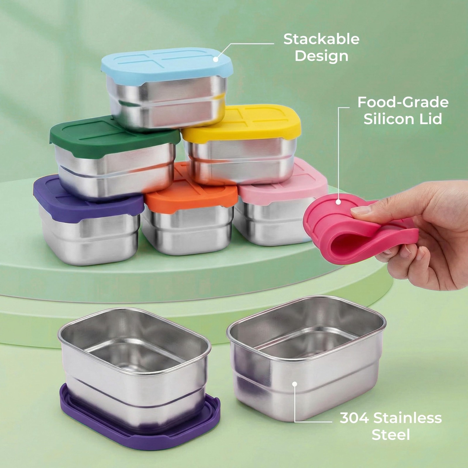 8 oz Stainless Steel Snack Containers with Silicone Lids, BPA-Free & Reusable Mi