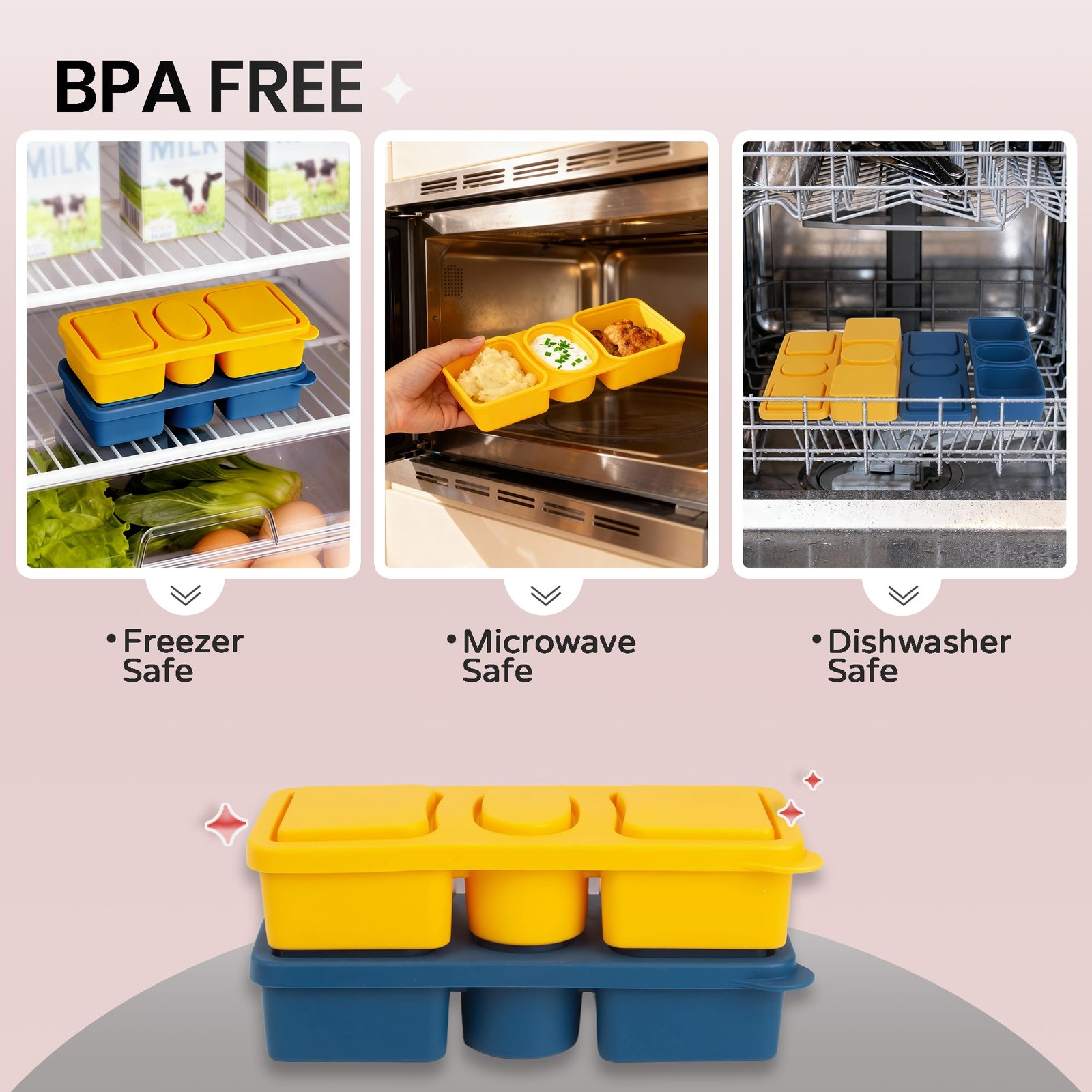 3 Pack New Reusable Silicone Snack Containers with Lids, 12 oz Three Compartm…