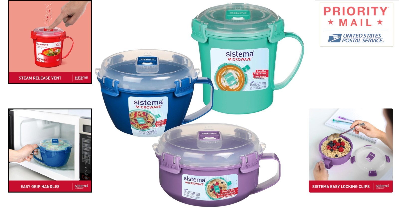 Dishwasher Safe Microwave Containers Steam Release 3 Pack Soup Mug Noodle Bowl