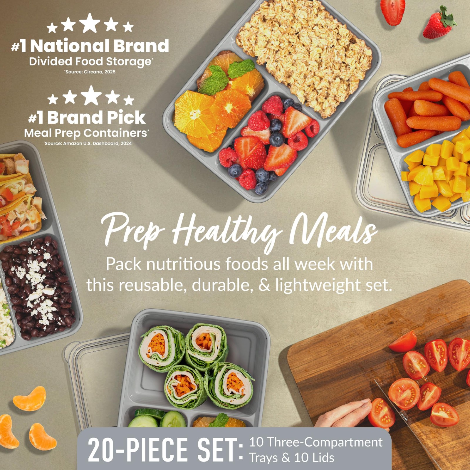 Bentgo Prep – 20-Piece 3-Compartment Reusable Meal 10 Count, Silver