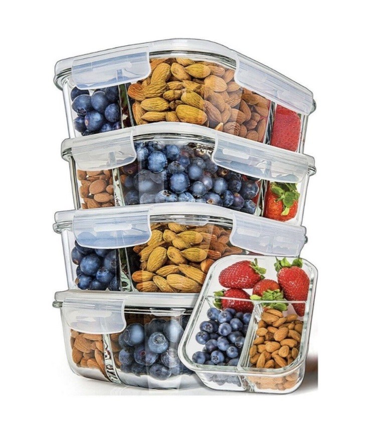 One NutrPreps Glass Meal Prep Container 5pc Set 3-Compartment BPA-Free Lunch Box