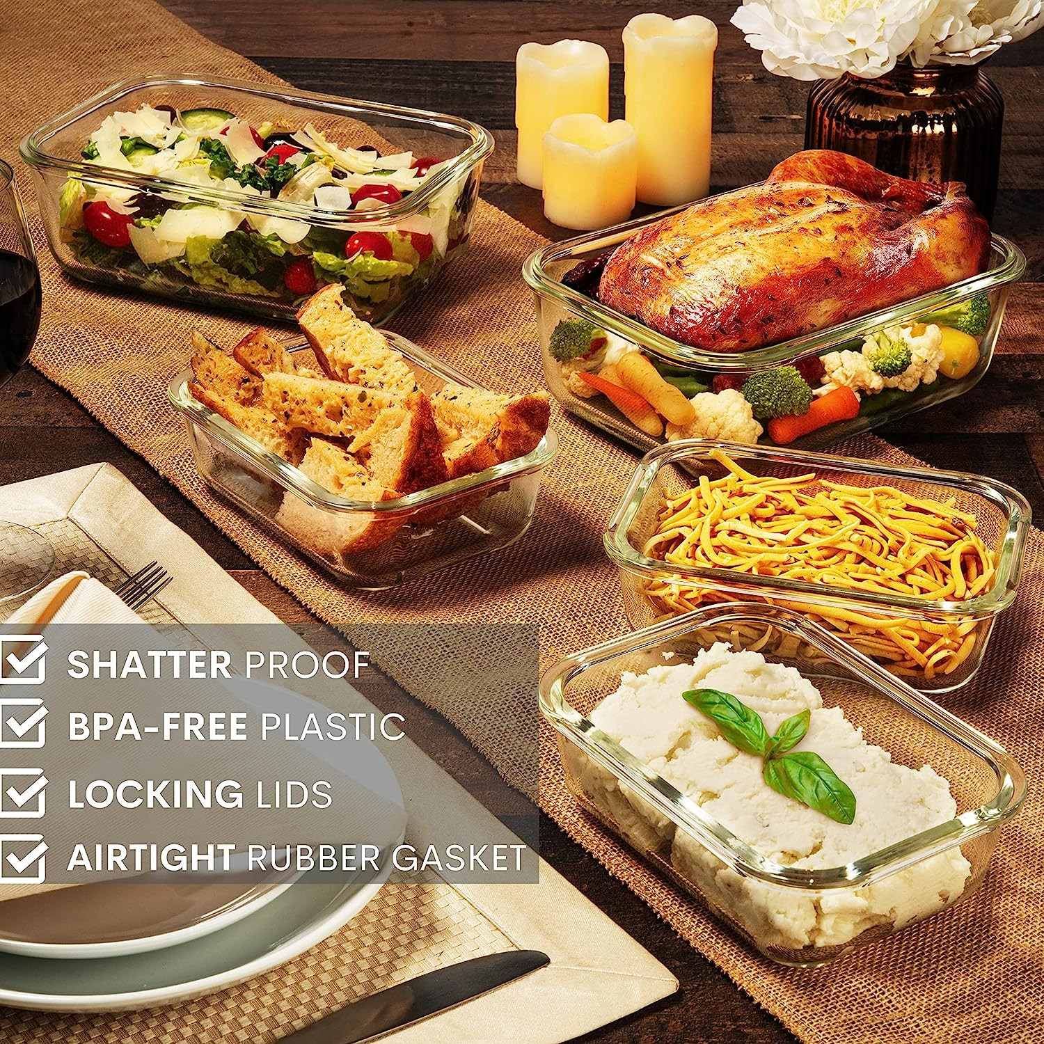 Large 4-Piece Glass Food Storage Set – 8 Cups, BPA Free, Leak Proof, Oven Safe