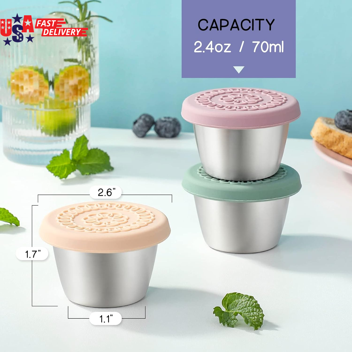 [8 Pack] Salad Dressing Container to Go, 2.4Oz Small Condiment Containers with L