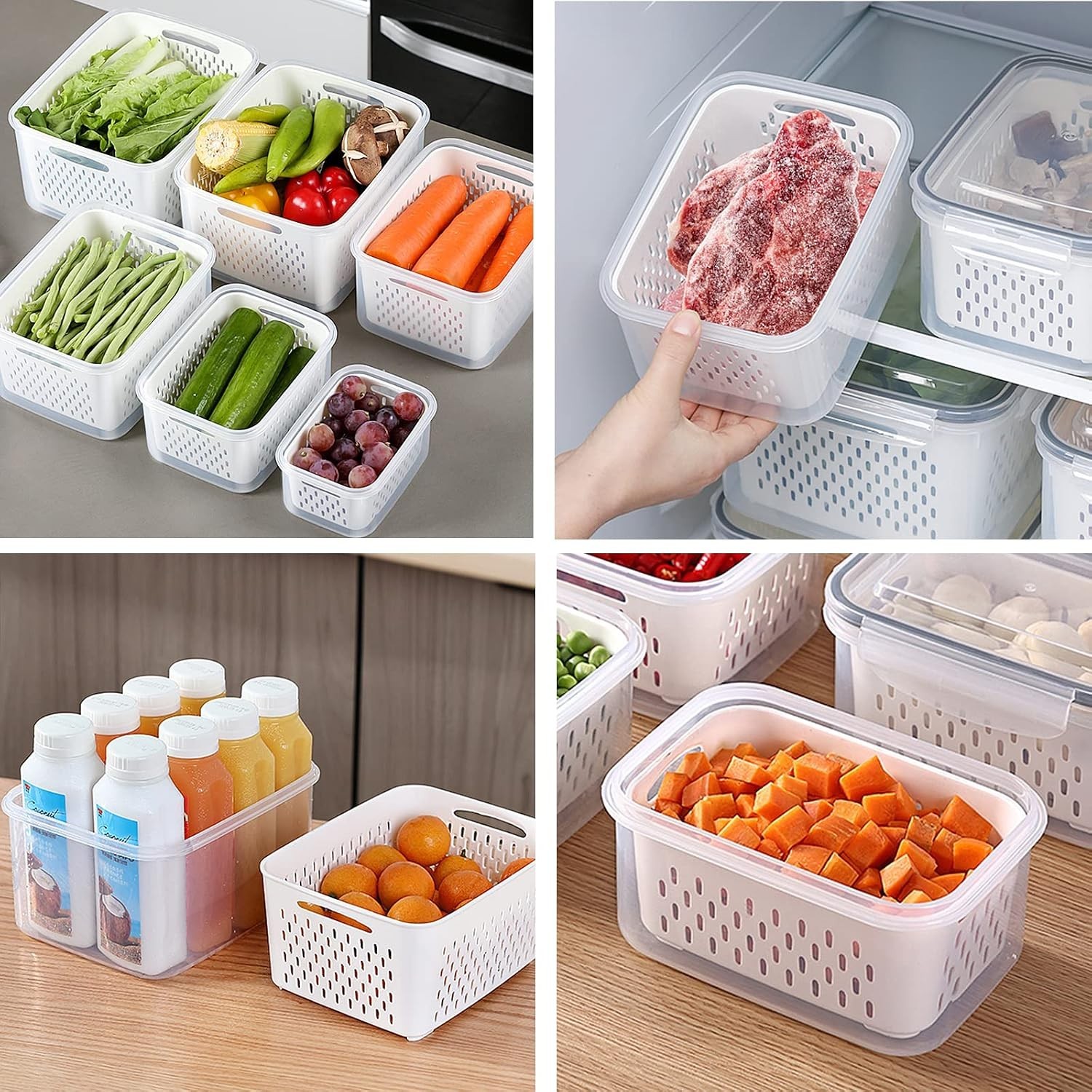 3Pack Fridge Food Storage Container Set with Lids with Strainer,Plastic Fresh…
