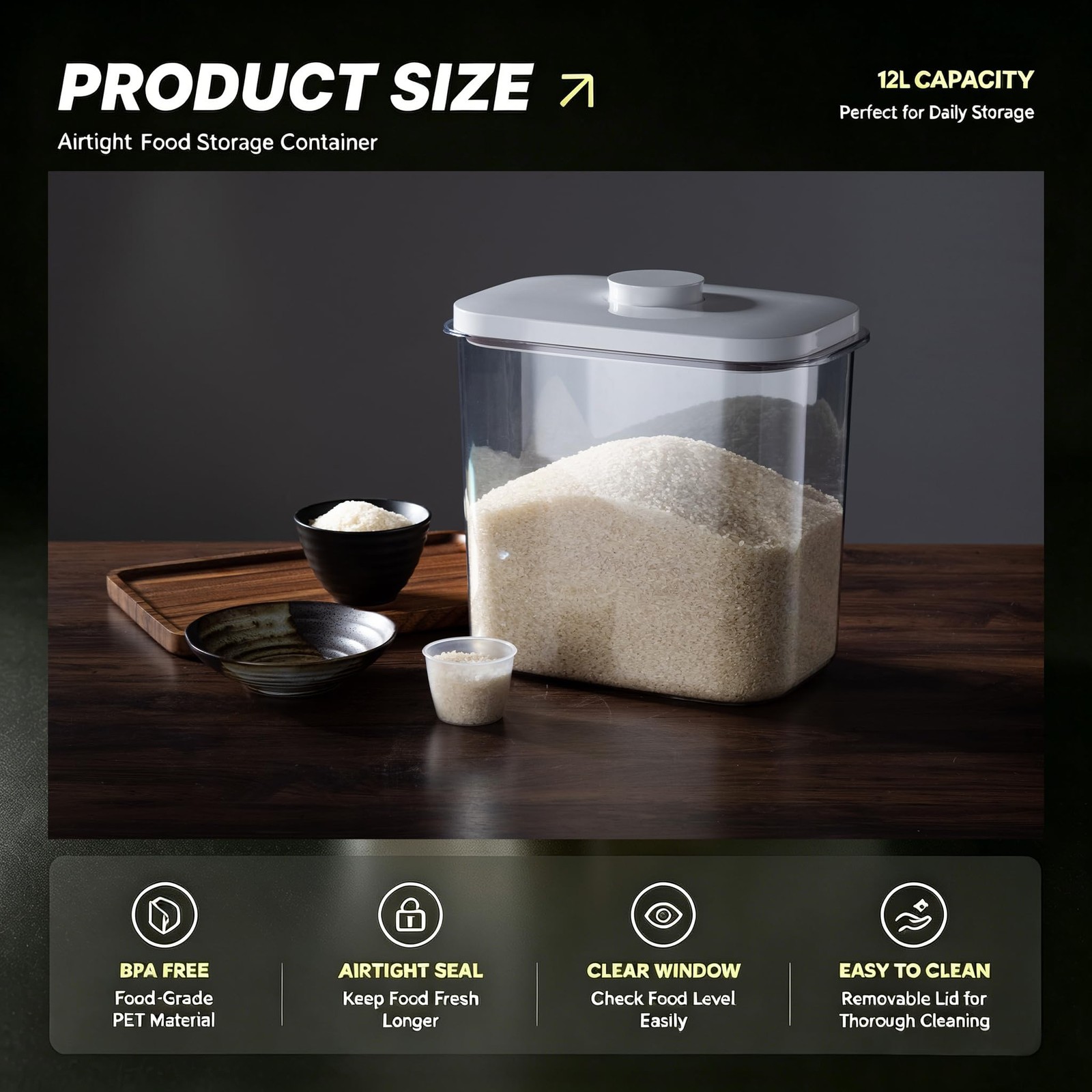 Rice Container – 25 Lbs/12KG/12L Rice Dispenser Storage with Measuring Cup Fo…