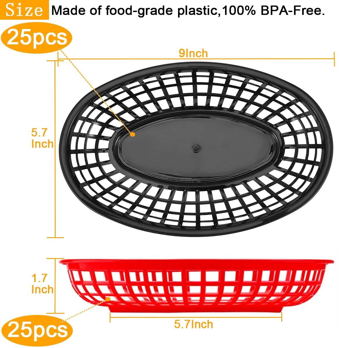 50 Pack 9×5.7″ Black And Red Plastic Oval Fast Food Serving Baskets