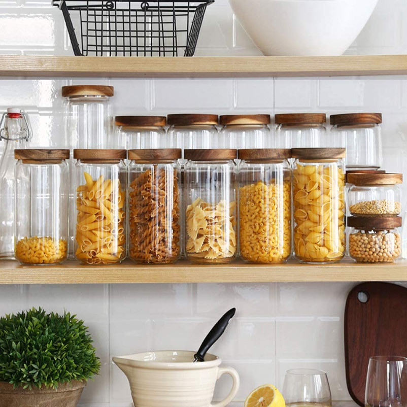 Set of 4 High-Quality Borosilicate Glass Jars with Acacia Wooden Lids – 34oz. At