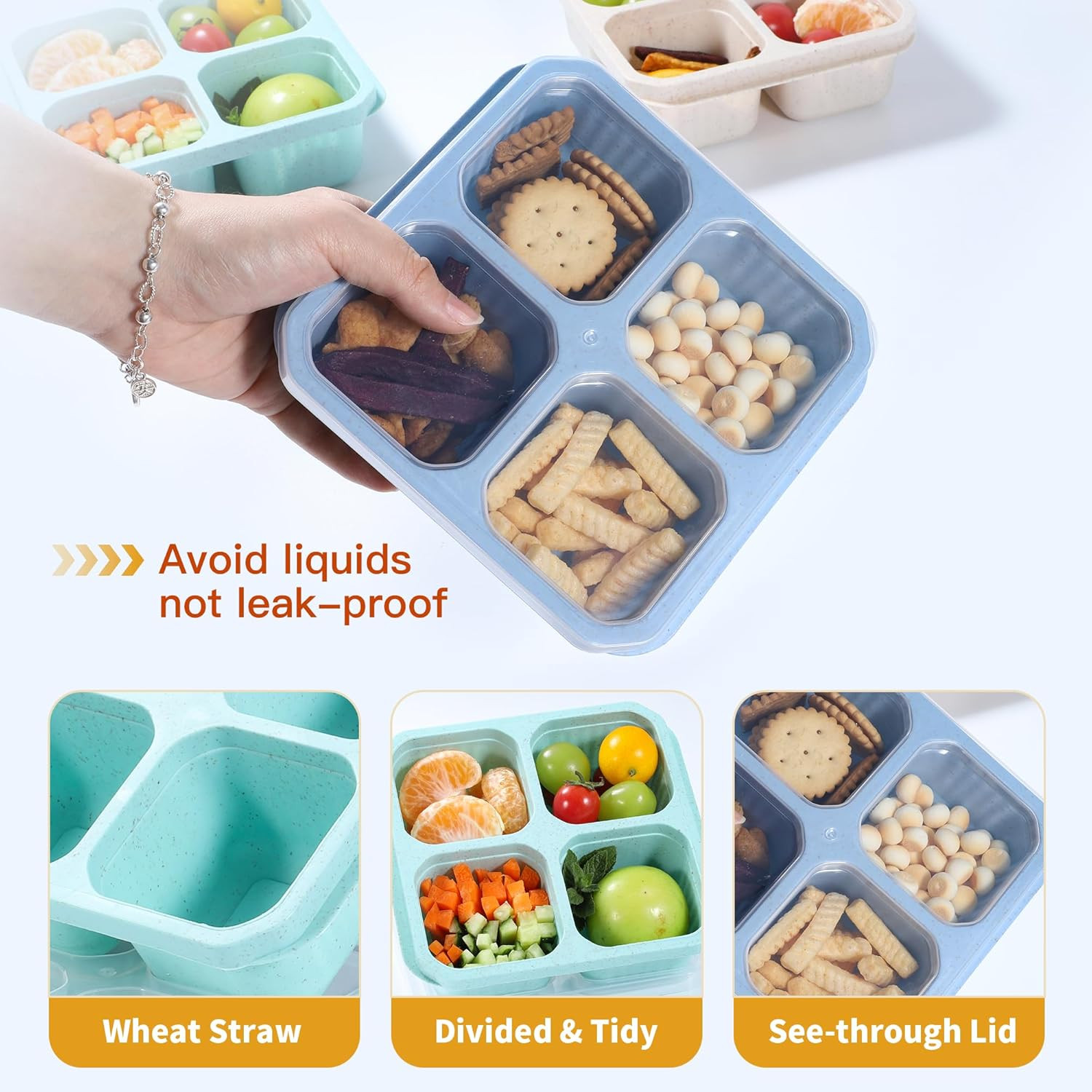 8 Pack Wheat Straw Snack Containers, 4-Compartment Reusable Bento Box with Lids