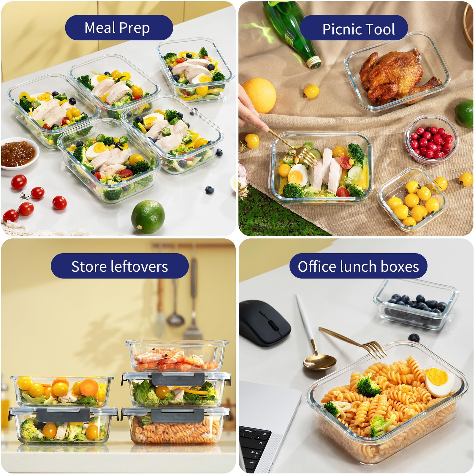 12-Pack Glass Storage Containers with Lids, Glass Meal Prep Containers Set, A…