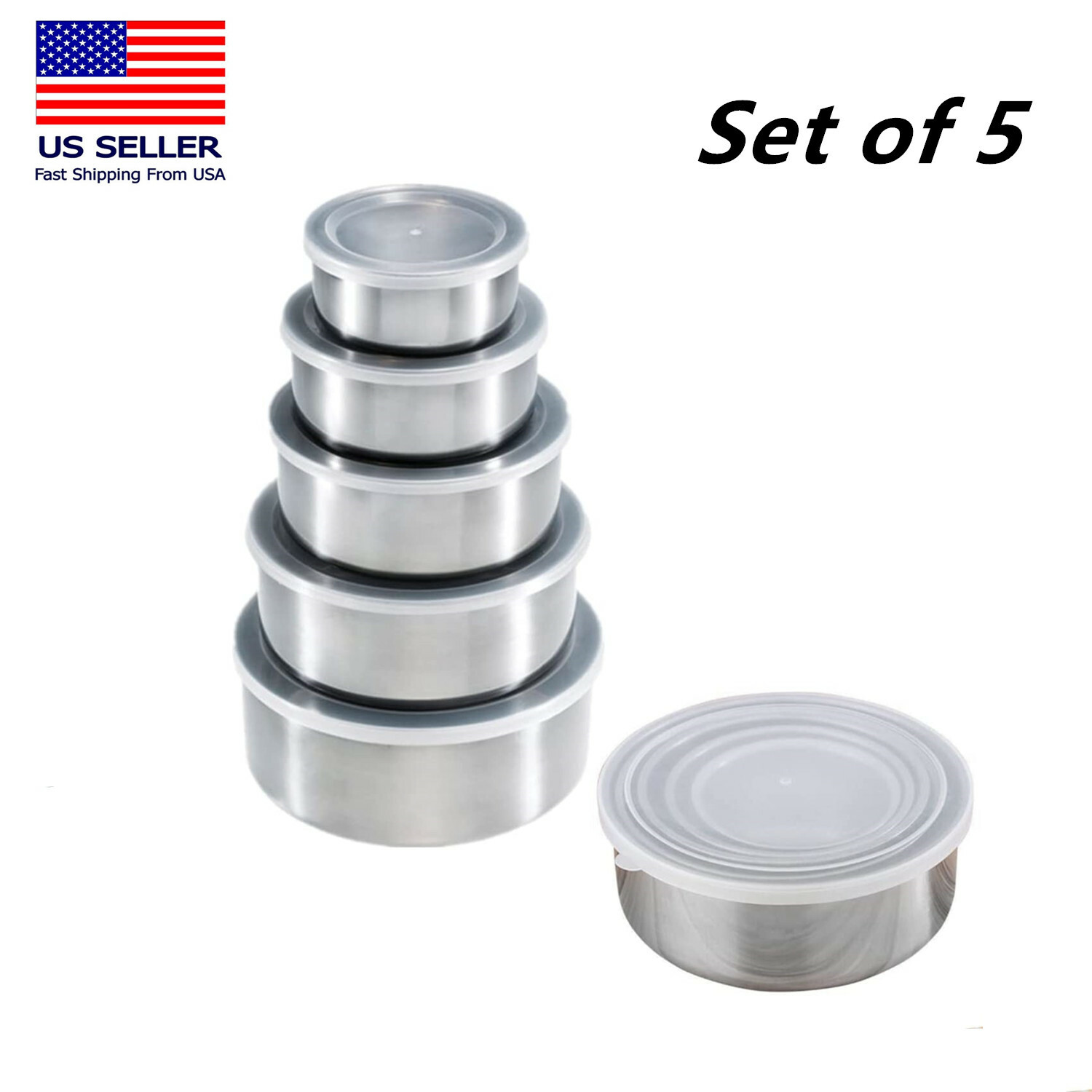 Set of 5 Stainless Steel Mixing Bowls- Food Storage Containers Set With Lids