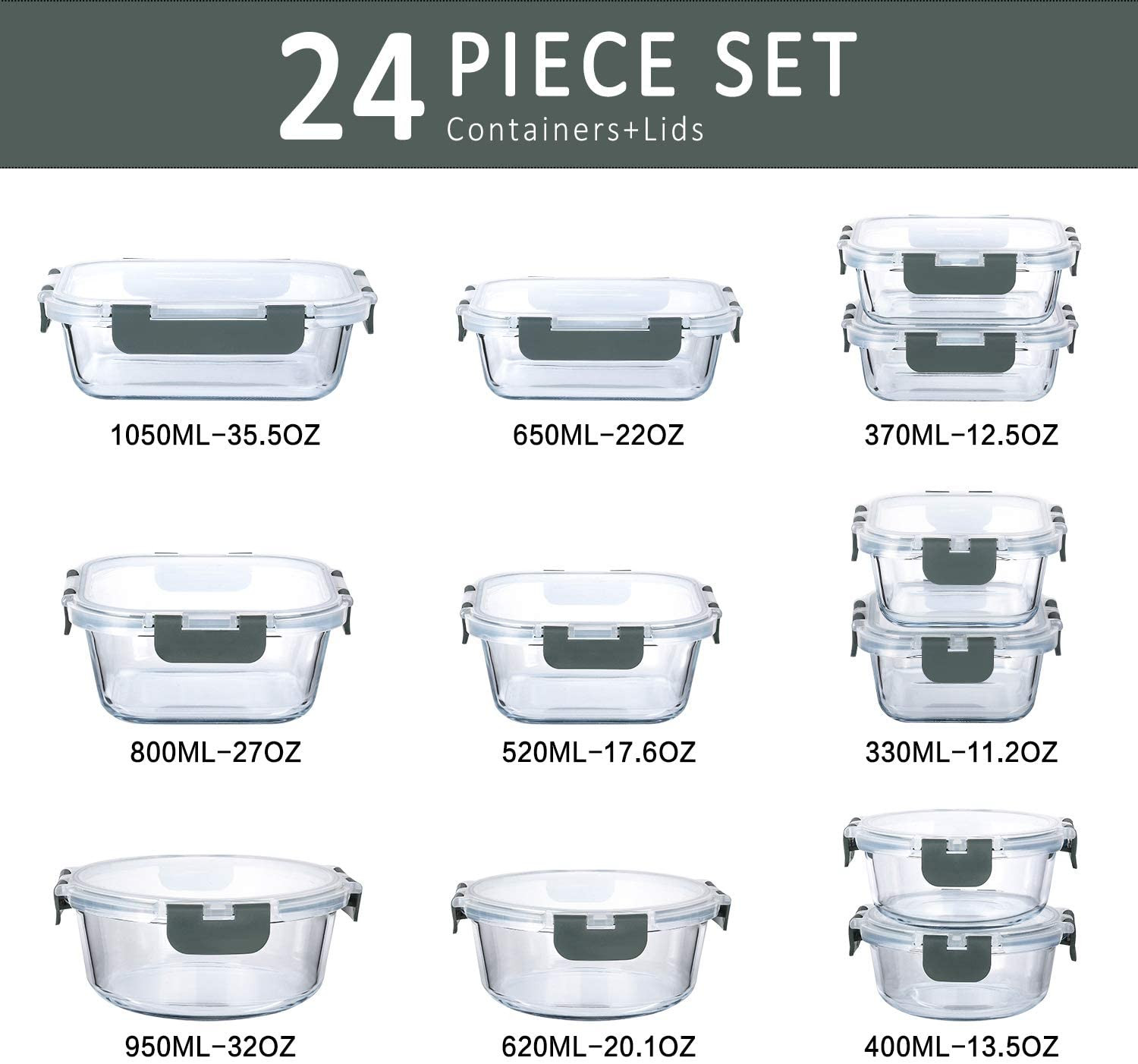 24-Piece Glass Food Storage Containers with Upgraded Snap Locking Lids,Glass Mea