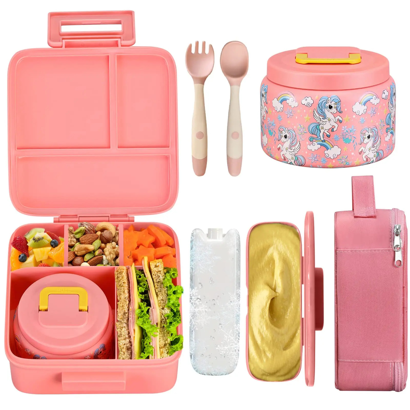 1 Pc Kids Lunch Box Bento Set with Insulated Jar Ice Pack Fork Spoon Bag Combo