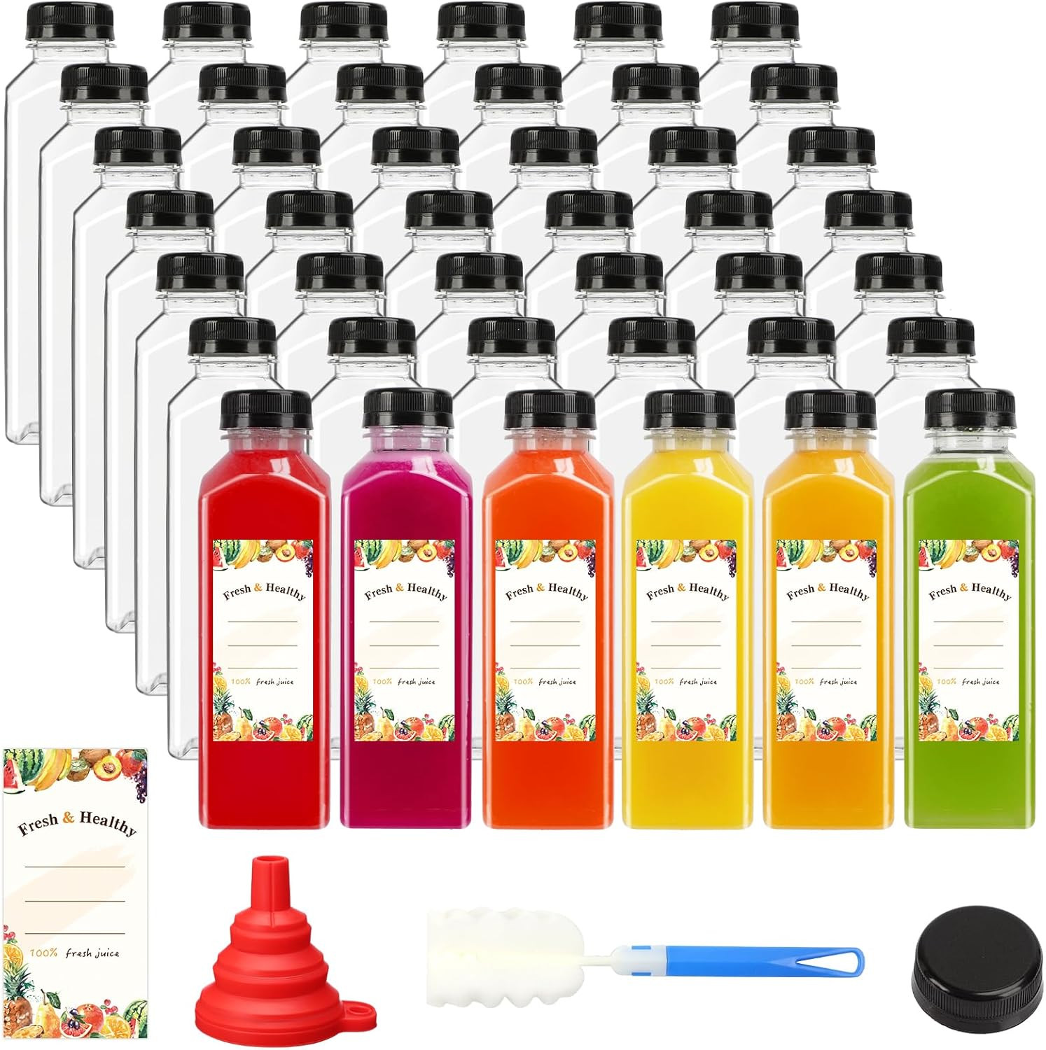 42Pcs 16Oz Plastic Juice Bottles with Caps, Reusable Juicing Bottles with Lid…