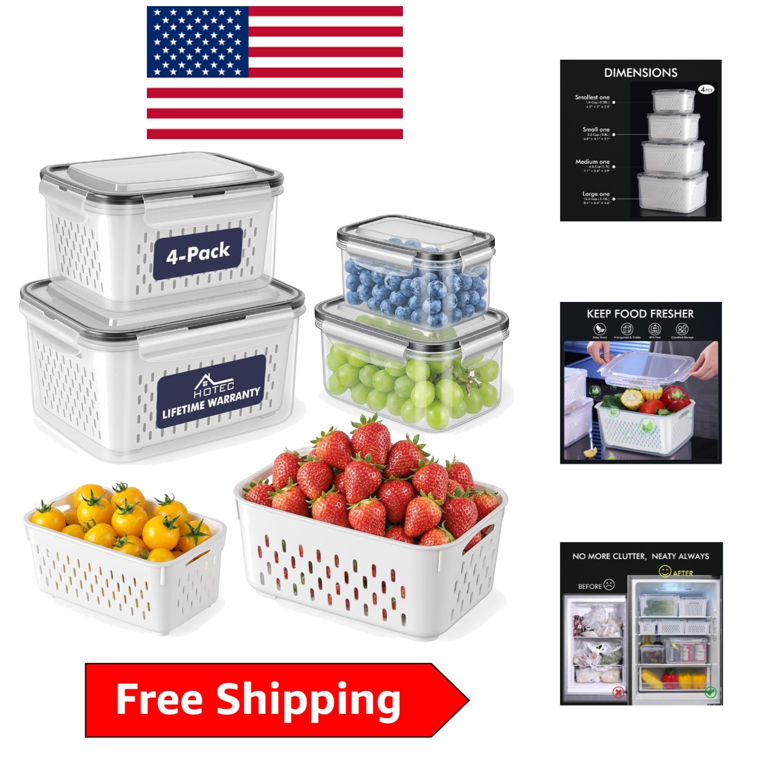 4-Pack BPA Free Large Fruit Storage Containers with Colander – 3.15L Leak-Proof