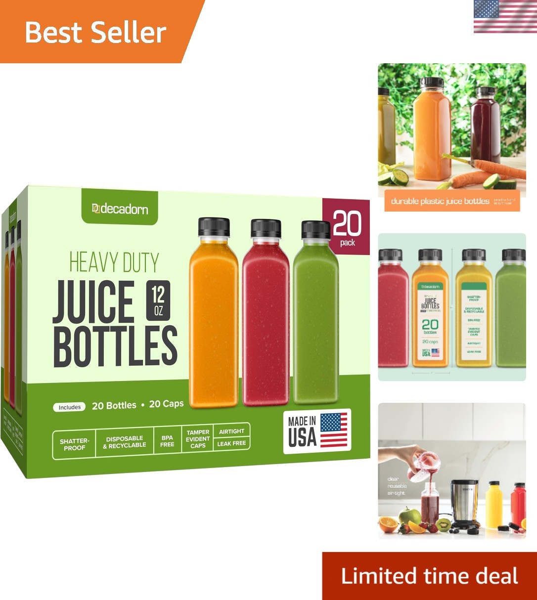 Juice Bottles With Caps 12oz 20 Pack Leak Proof Reusable Plastic Bottles