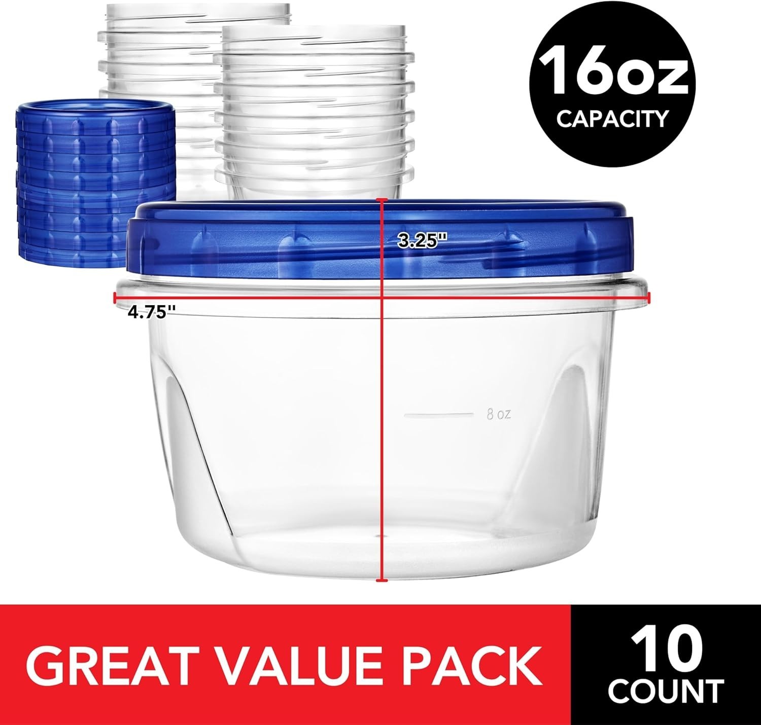 16Oz Plastic Containers with Twist Top Lids (10 Pack), 2 Cup Freezer Containers