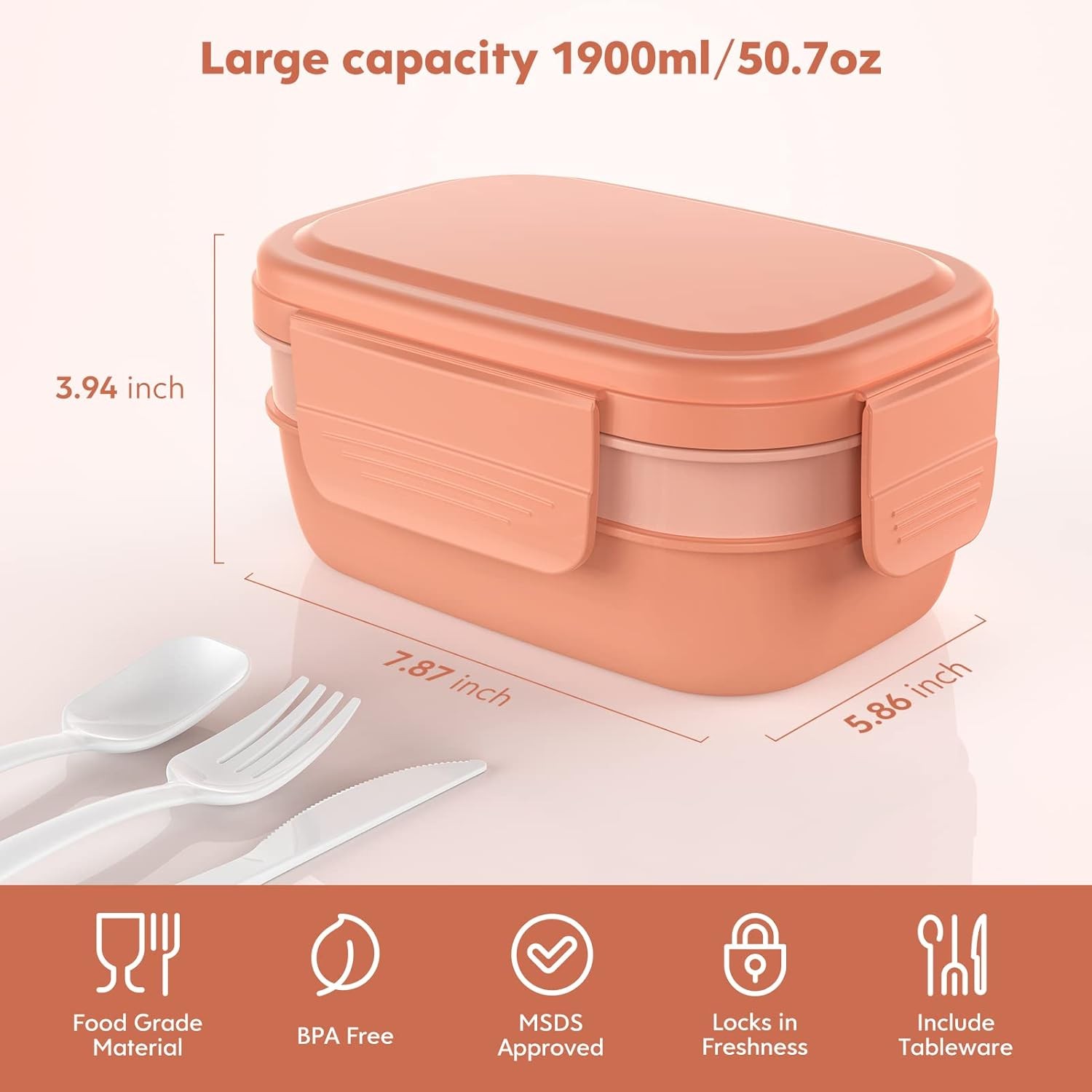 Bento Box Adult Lunch Box,3 Stackable Containers 1900 ml, Pink