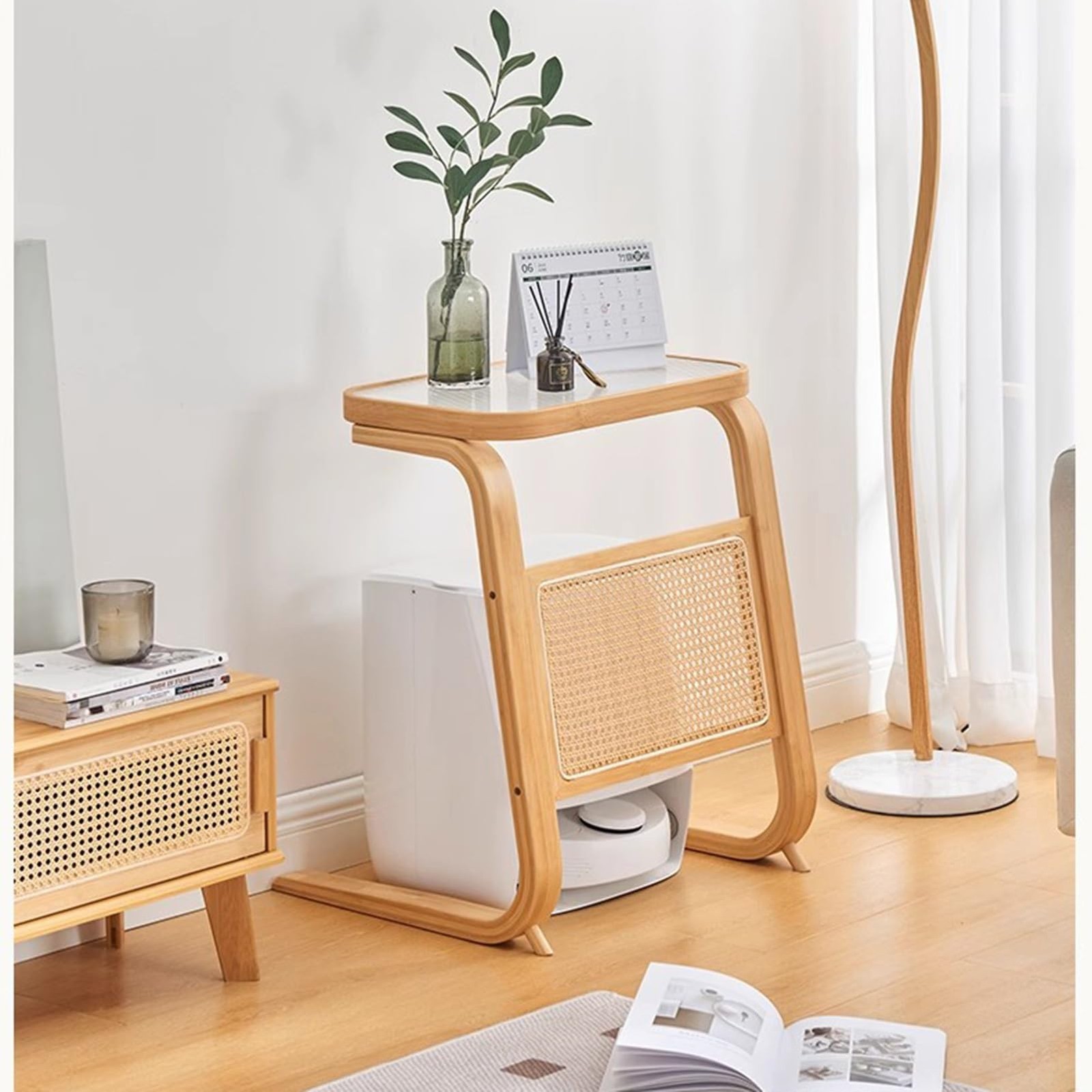 Robot Vacuum Storage Modern Side Tables Cabinet, 27 Inch Tall Bamboo Glass Co…